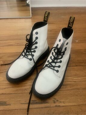 Dr. Martens White Leather 8-Eye Lace-Up Combat Boots with Black Sole